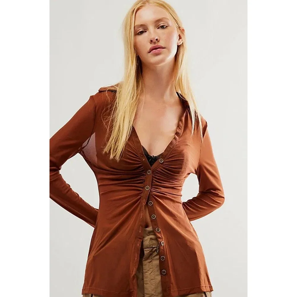 Free People Women Lucky Mesh Shirtee Top XS‎ Brown Mesh Ruched Button Up